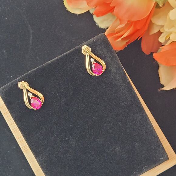 Ruby or Topaz and Diamond Teardrop Earrings Set in 10K Yellow Gold - Picture 4 of 7